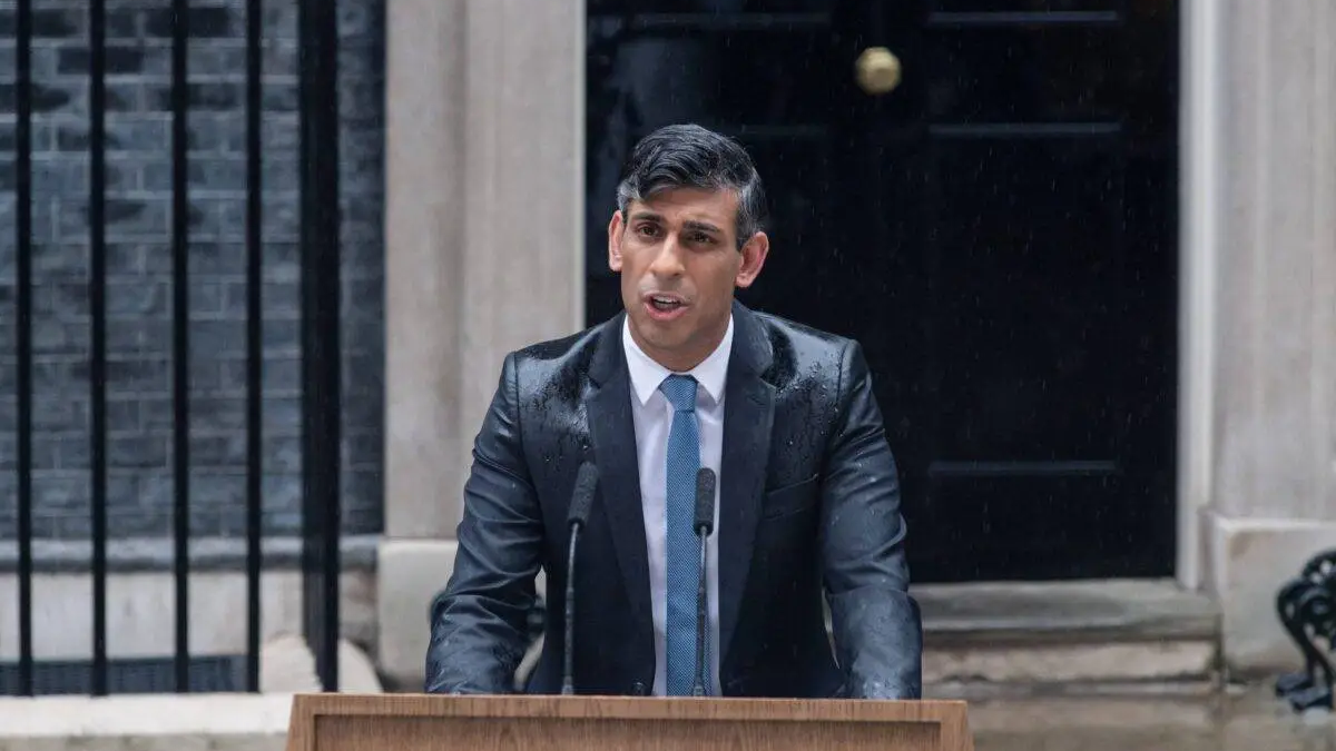 U.K. Prime Minister Rishi Sunak announces a general election for July 4 during a speech outside Number 10 Downing Street on Wednesday.
Image Source: Middle East Monitor