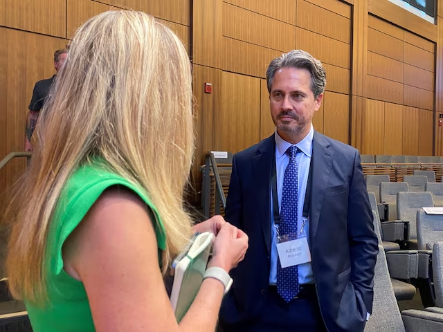 St. Louis Federal Reserve Bank President Alberto Musalem discusses monetary policy with Professor Christina Parajon Skinner at a conference hosted by Stanford University's Hoover Institution in Palo Alto, California, on May 3, 2024.
Image Source: Reuters