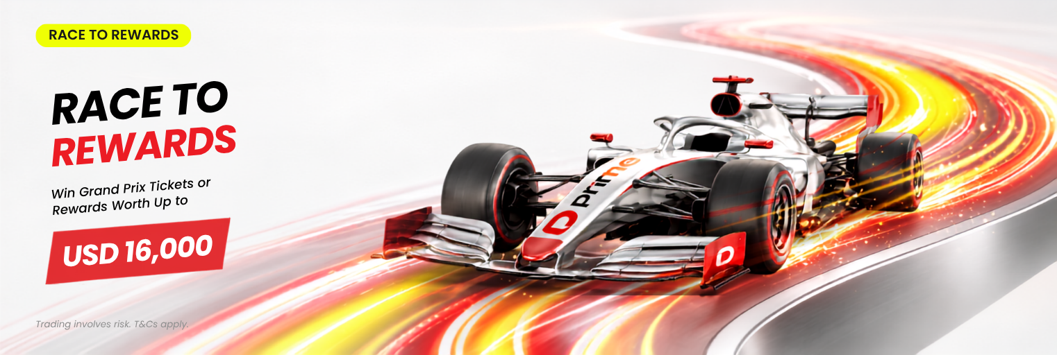 Race to Rewards campaign visual featuring a Formula-style car, Grand Prix ticket, trophy, and premium reward elements.
