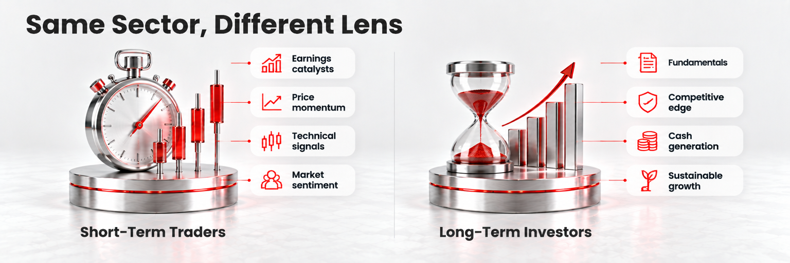 Comparison of how short-term traders and long-term investors evaluate AI stocks.