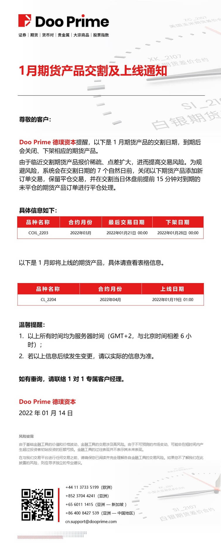 Doo Prime 1 月期货产品交易及上线通知