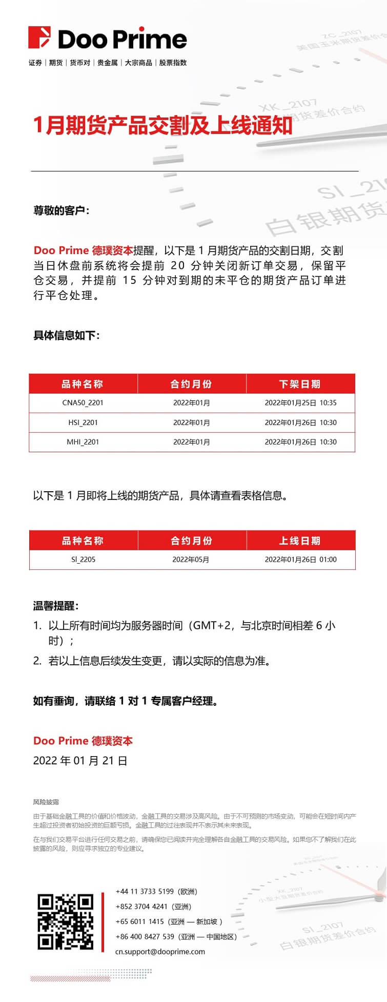 Doo Prime 1 月期货产品交割及上线通知