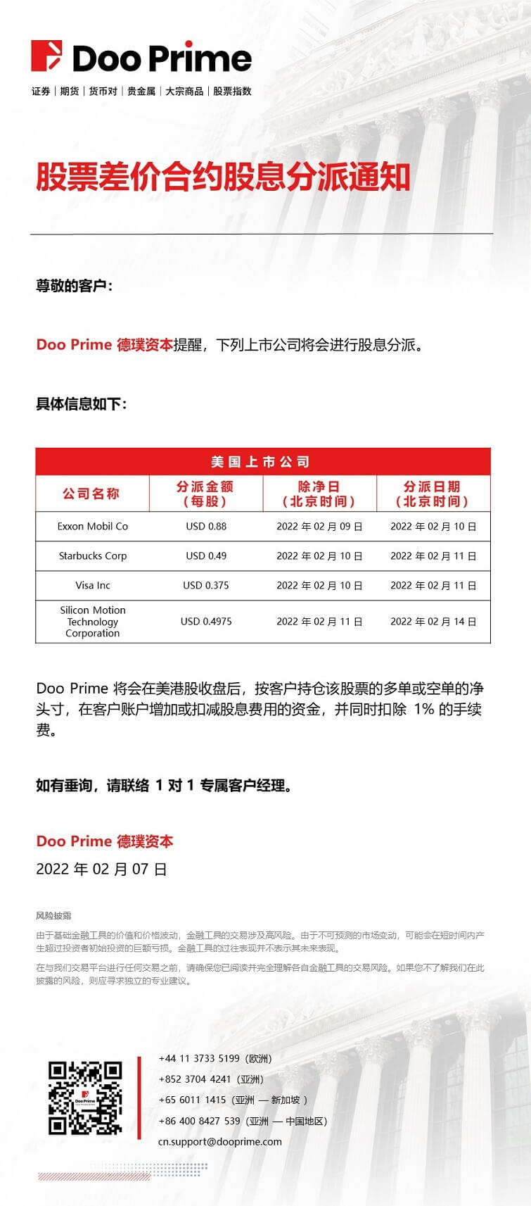 Doo Prime 股票差价合约股息分派通知