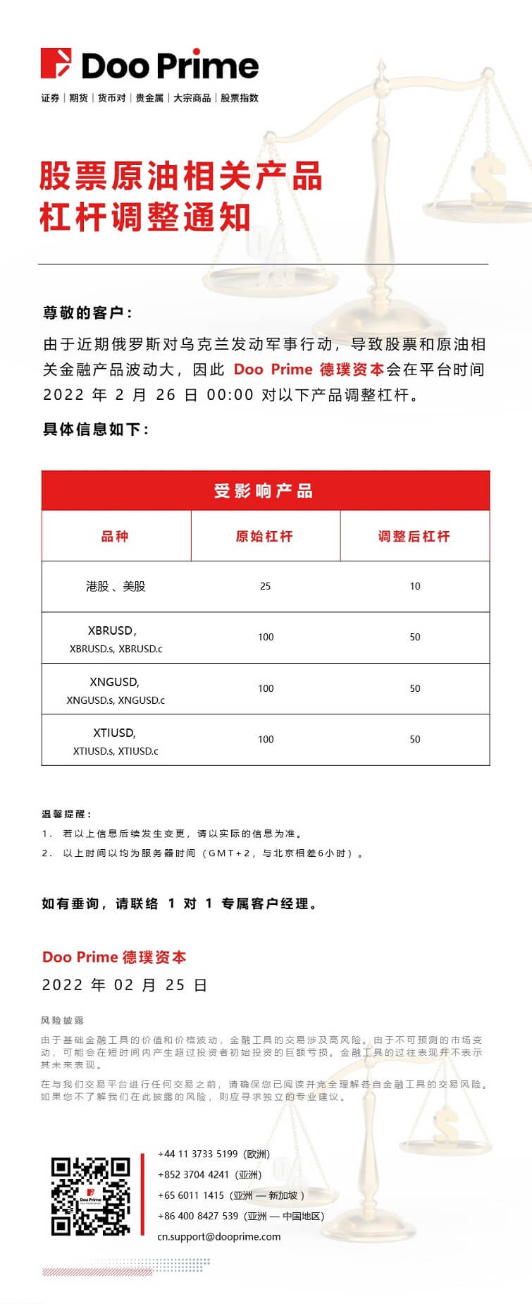 Doo Prime 股票原油相关产品杠杆调整通知