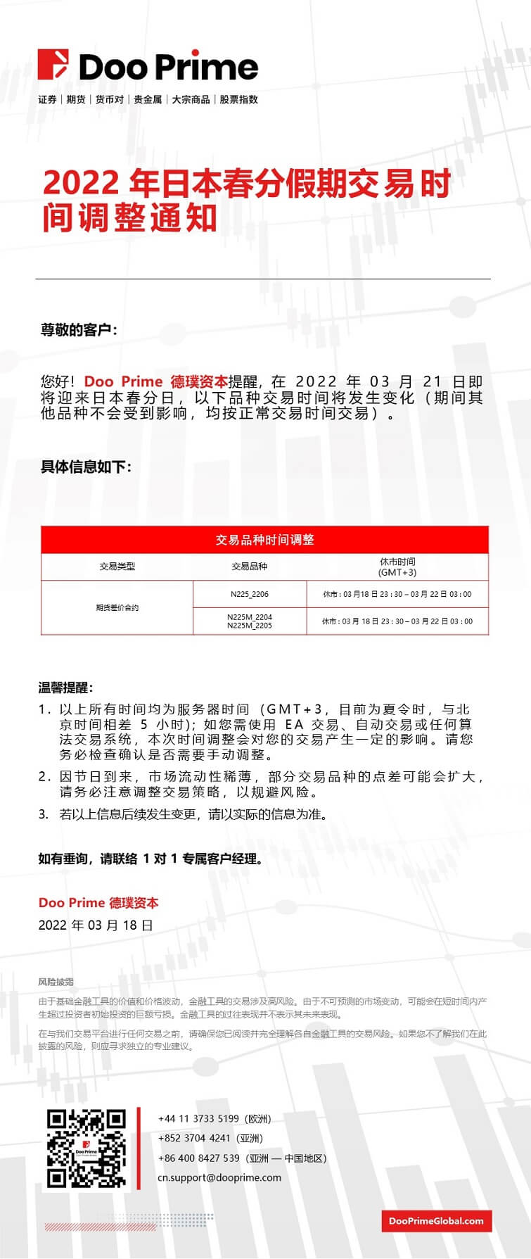 Doo Prime 2022 年日本春分假期交易时间调整通知