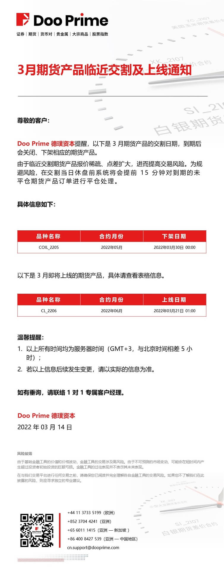 Doo Prime 3月期货产品临近交割及上线通知