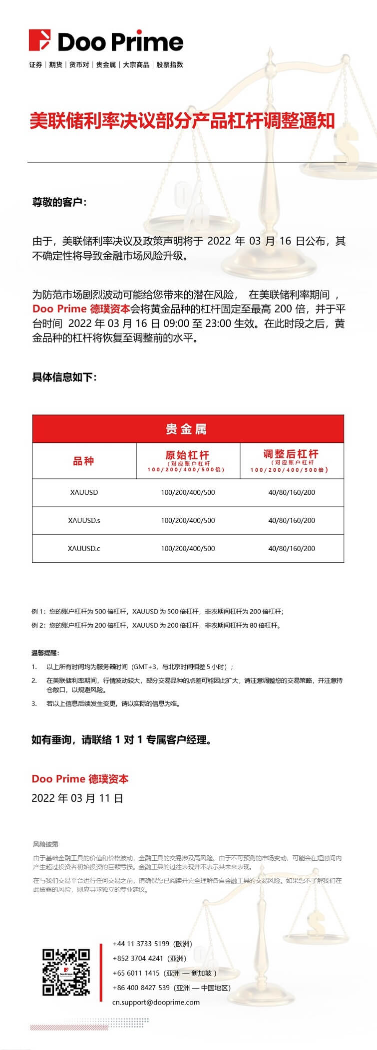 Doo Prime 美联储利率决议部分产品杠杆调整通知