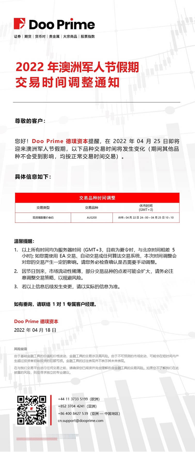 2022 年澳洲军人节假期交易时间调整通知