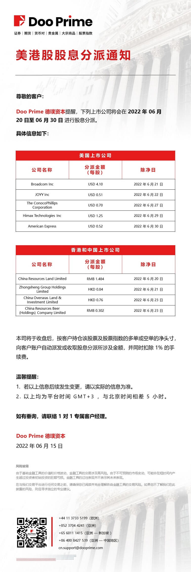 美港股股息分派通知