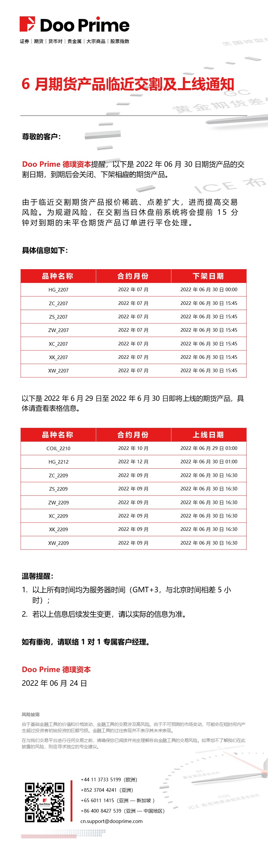 6月期货产品临近交割及上线通知