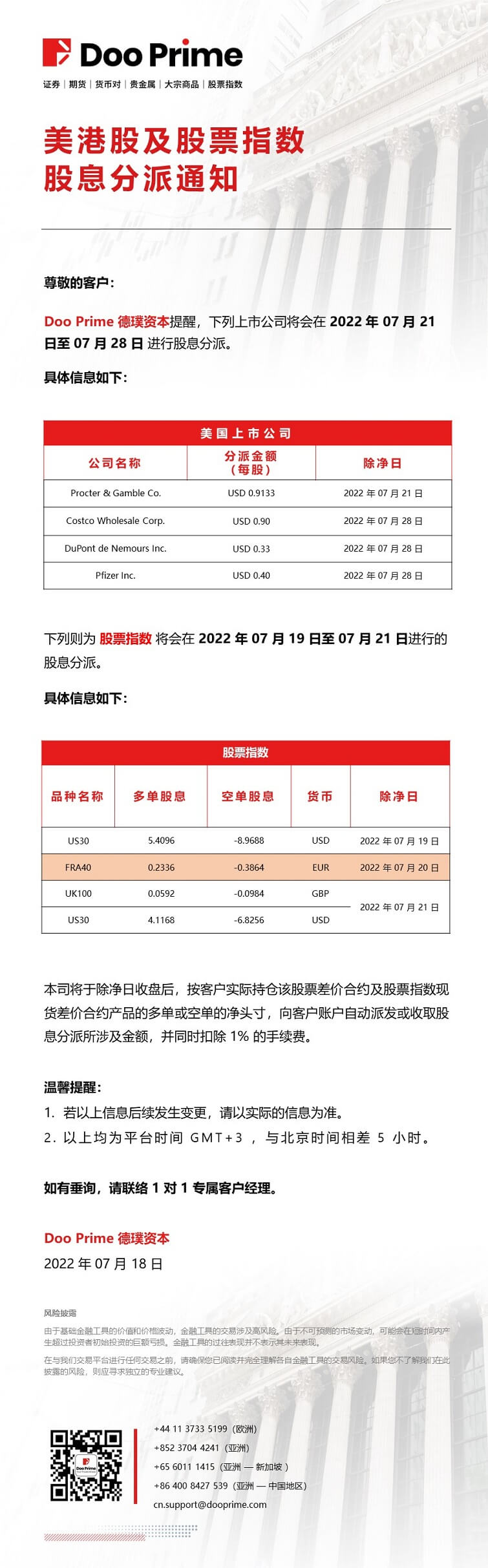 美港股及股票指数股息分派通知