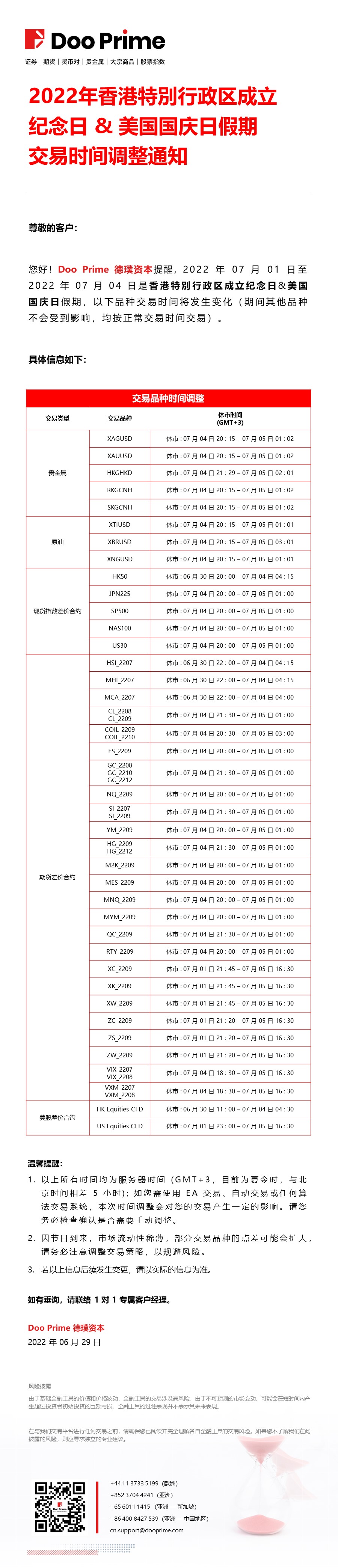 2022 年 7 月香港 & 美国假期交易时间调整通知