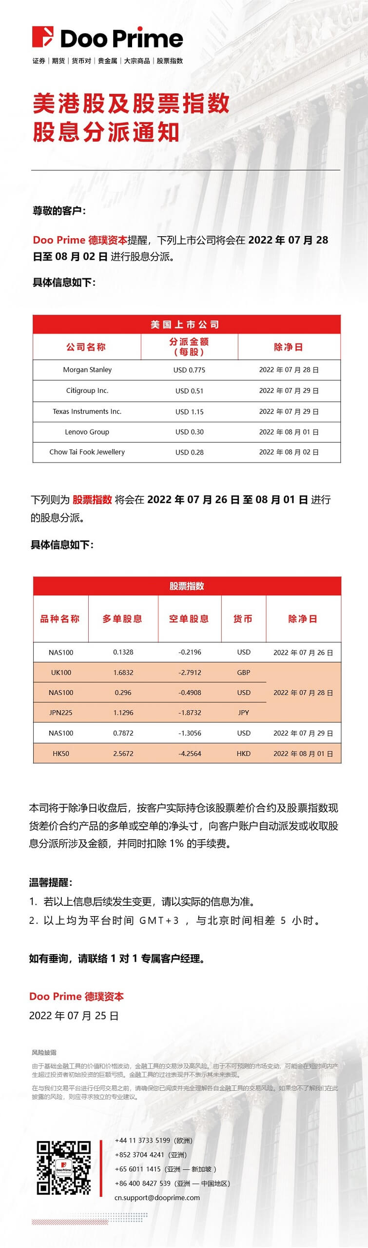 美港股及股票指数股息分派通知