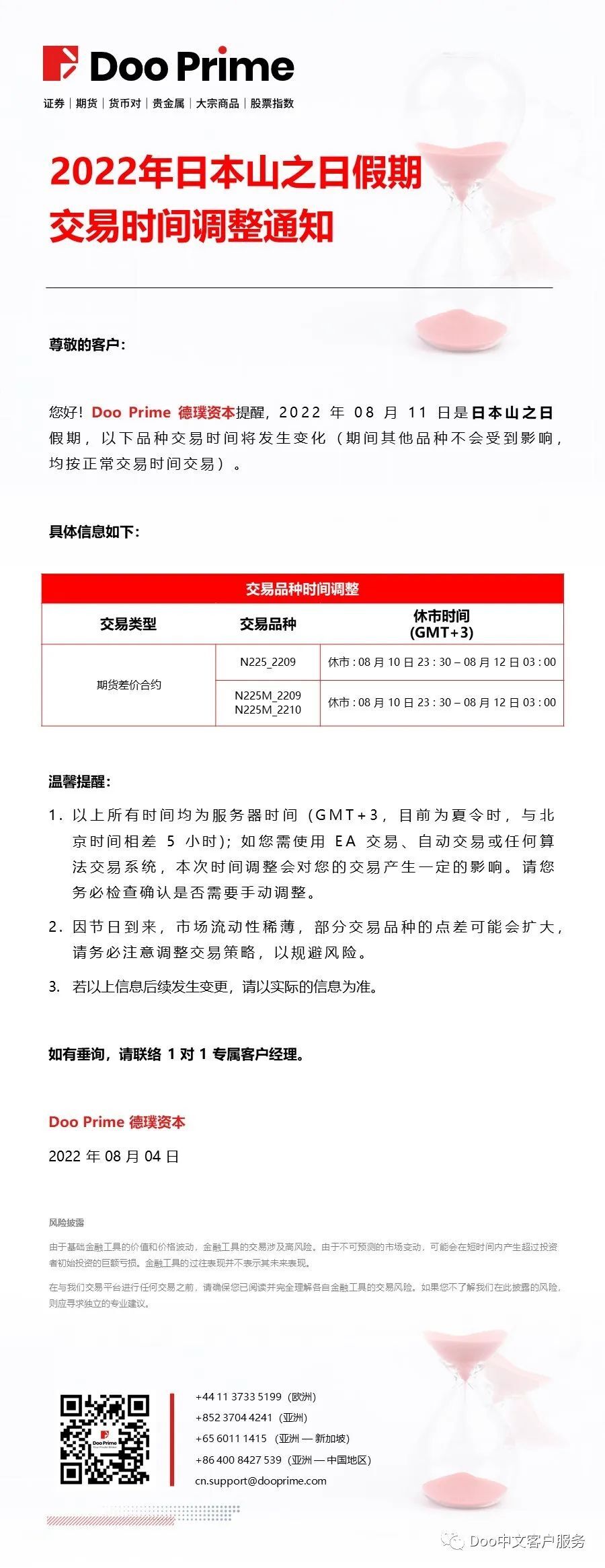 2022 年日本山之日假期交易时间调整通知