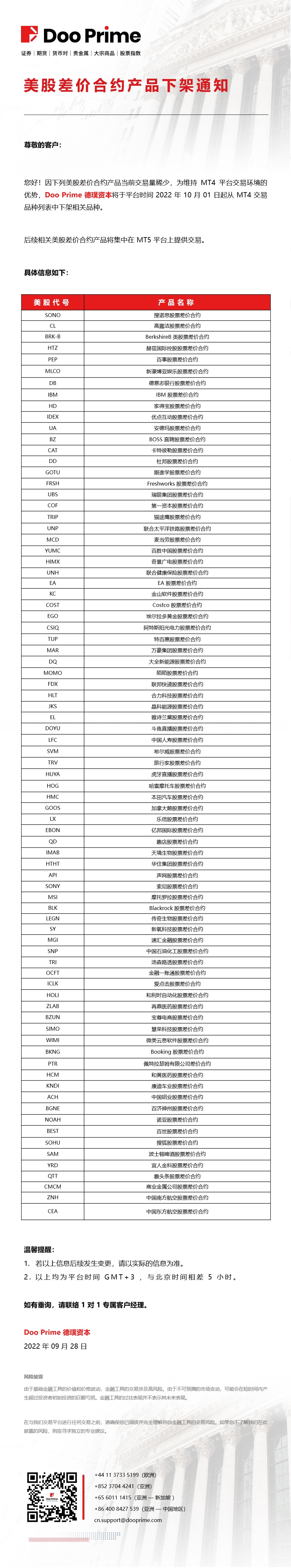 美股差价合约产品下架通知