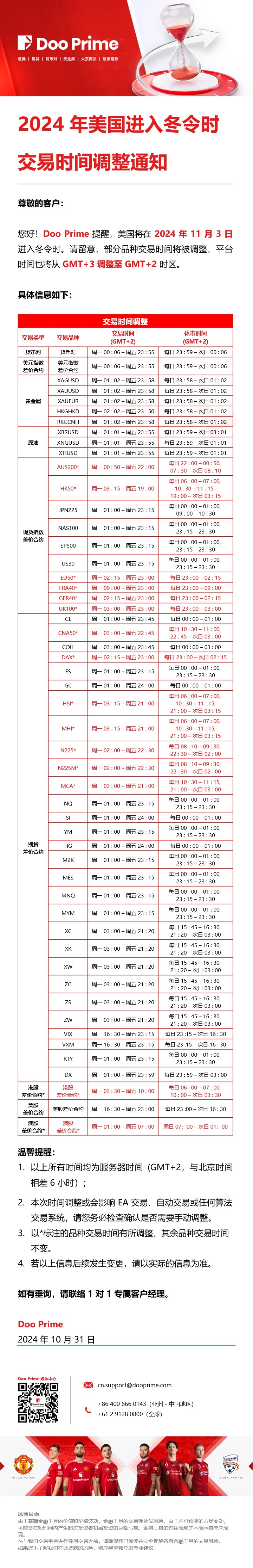 2024 年美国进入冬令时交易时间调整通知