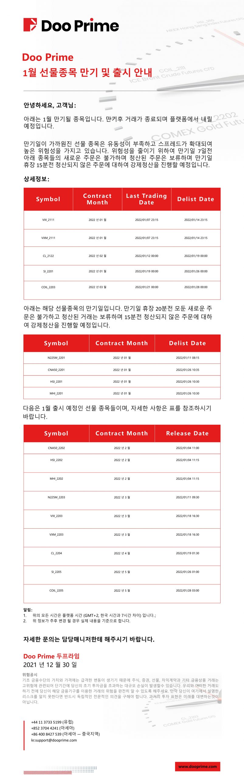Doo Prime 1월 선물종목 만기 및 출시 안내