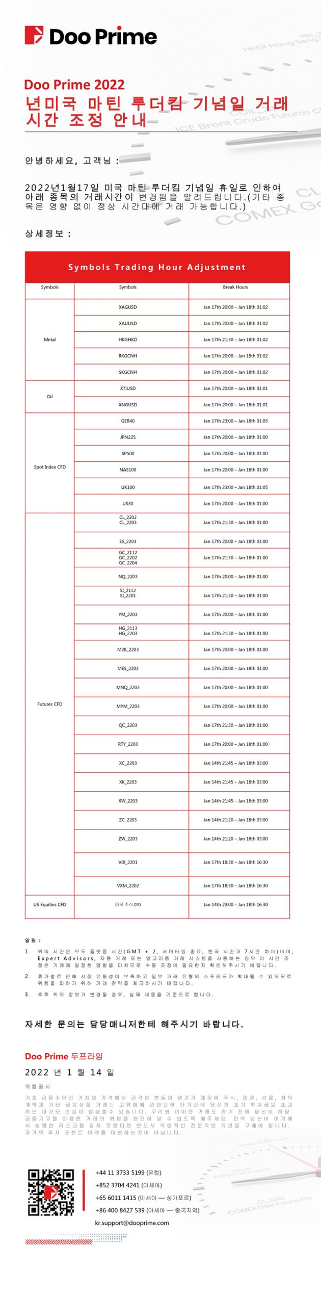 Doo Prime 2022 년 미국 마틴 루더킴 기념일 거래시간 조정 안내