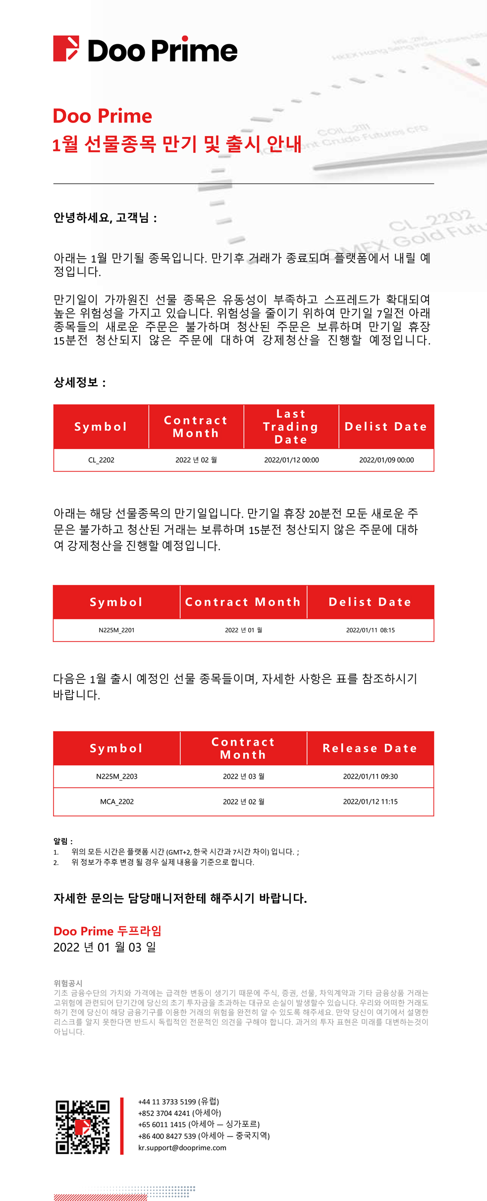 Doo Prime 1월 선물종목 만기 및 출시 안내