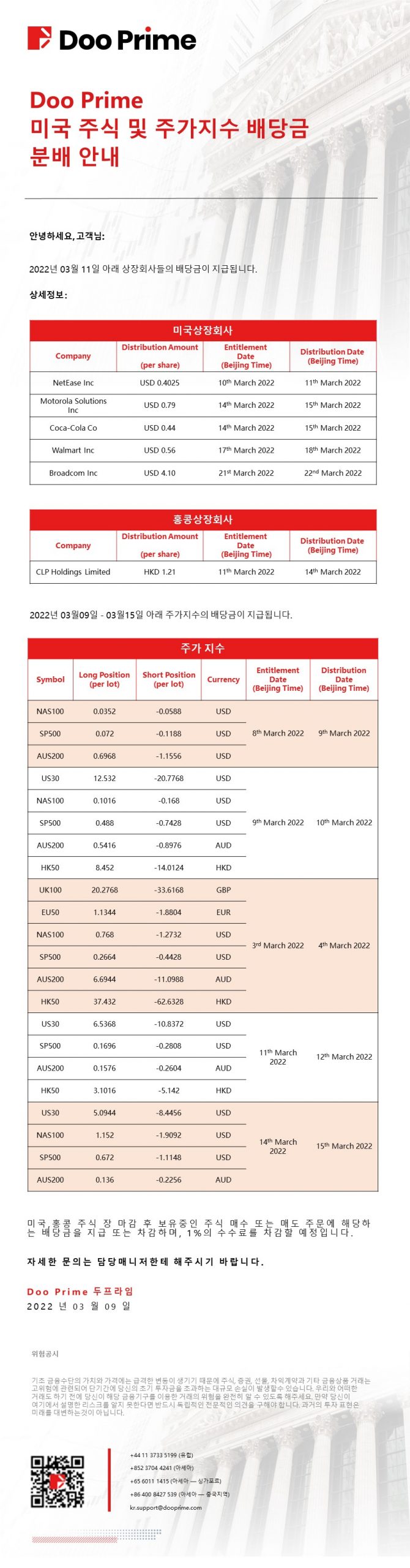 Doo Prime 미국 주식 및 주가지수 배당금 분배 안내
