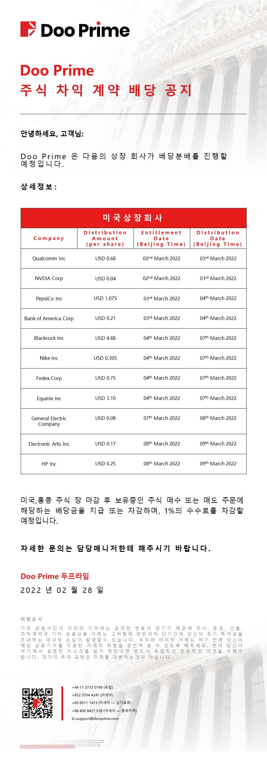 Doo Prime 주식 차익 계약 배당 공지