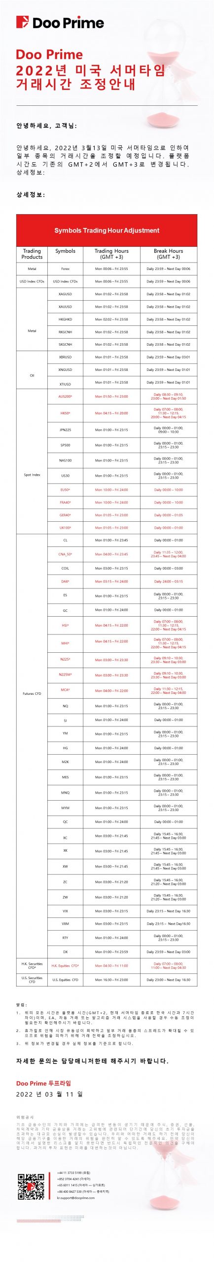 Doo Prime 2022년 미국 서머타임 거래시간 조정안내