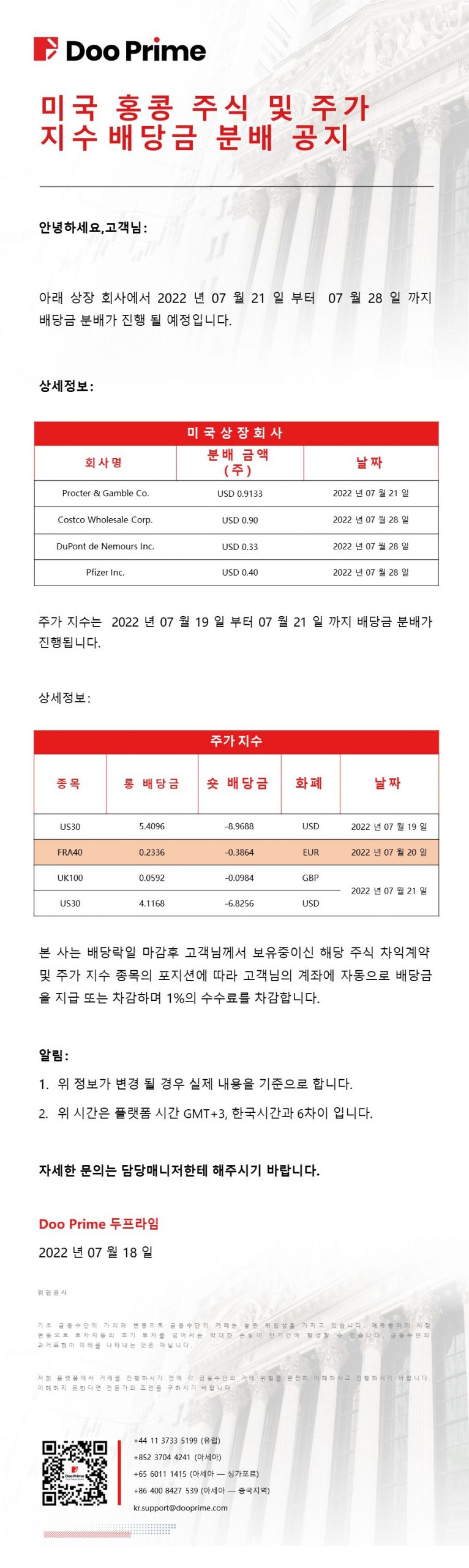 미국 홍콩 주식 및 주가 지수​배당금 분배 공지​