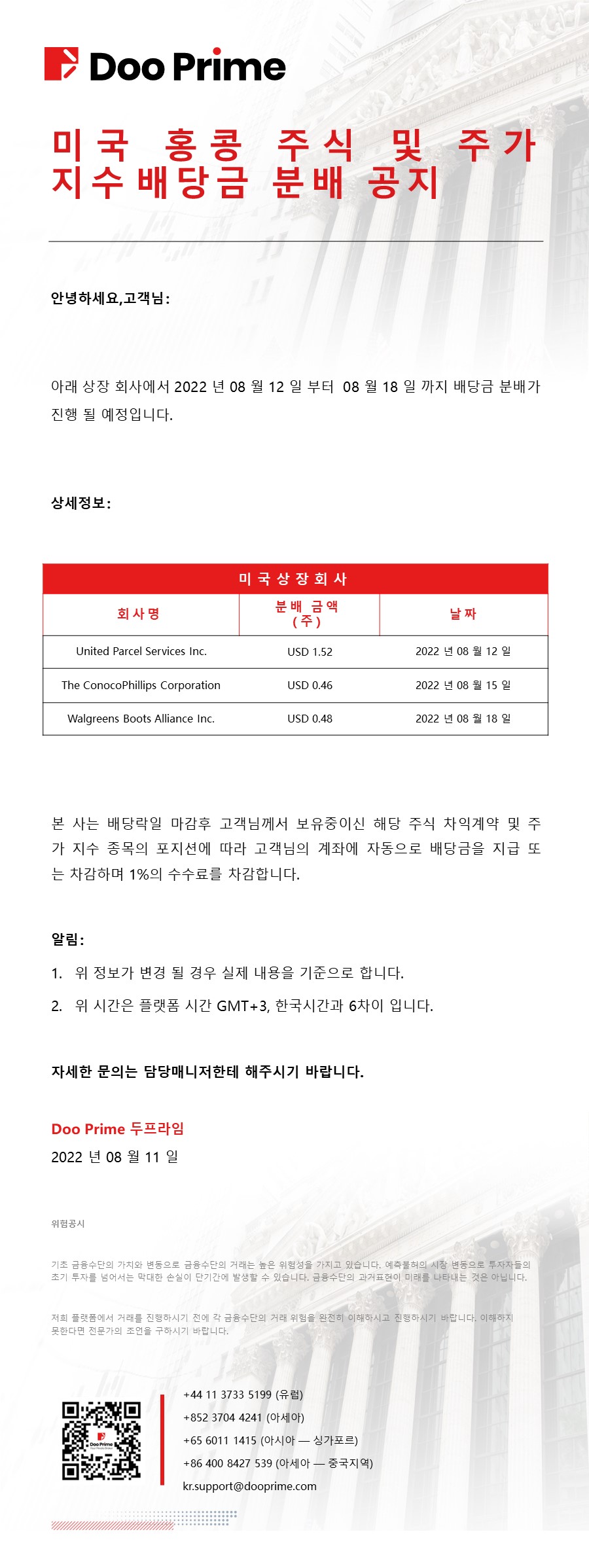 미국 홍콩 주식 및 주가 지수​배당금 분배 공지​