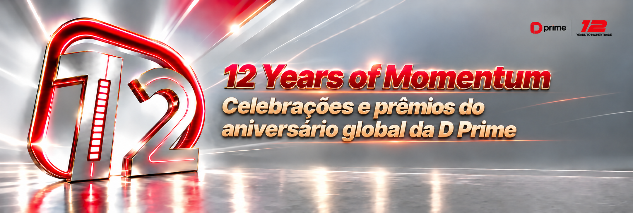 Banner do 12º aniversário da D Prime com a campanha 12 Years of Momentum, recompensas globais e mensagens comemorativas.