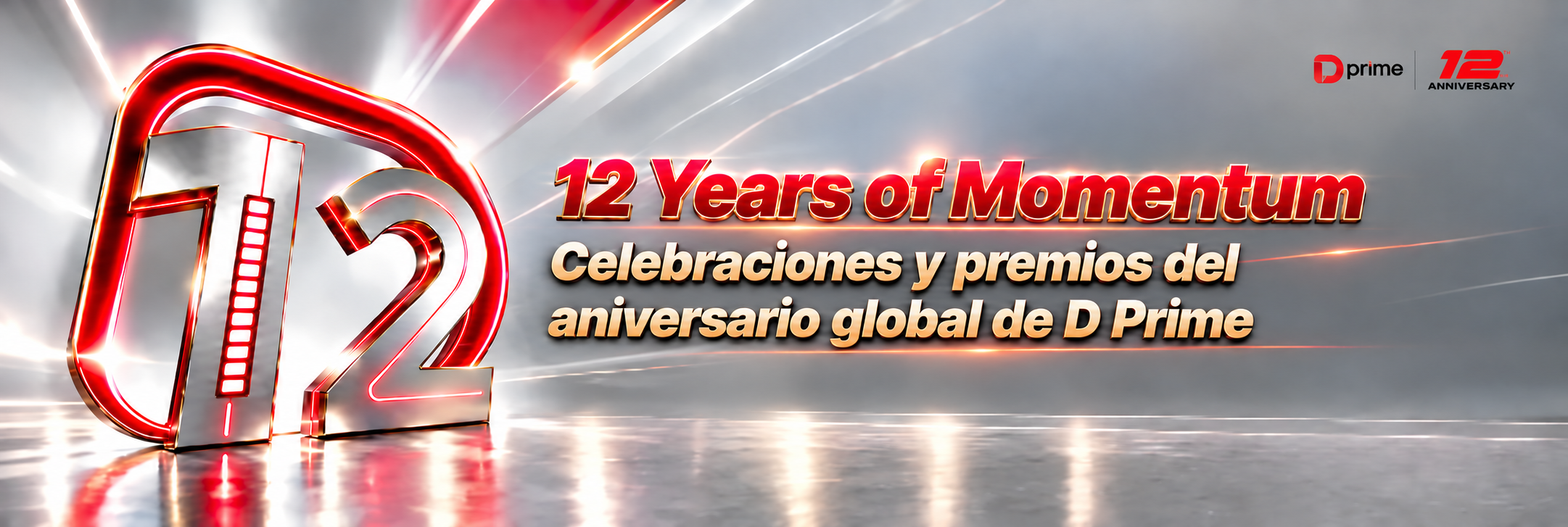 Banner del 12.º aniversario de D Prime con la campaña 12 Years of Momentum, recompensas globales y mensajes de celebración
