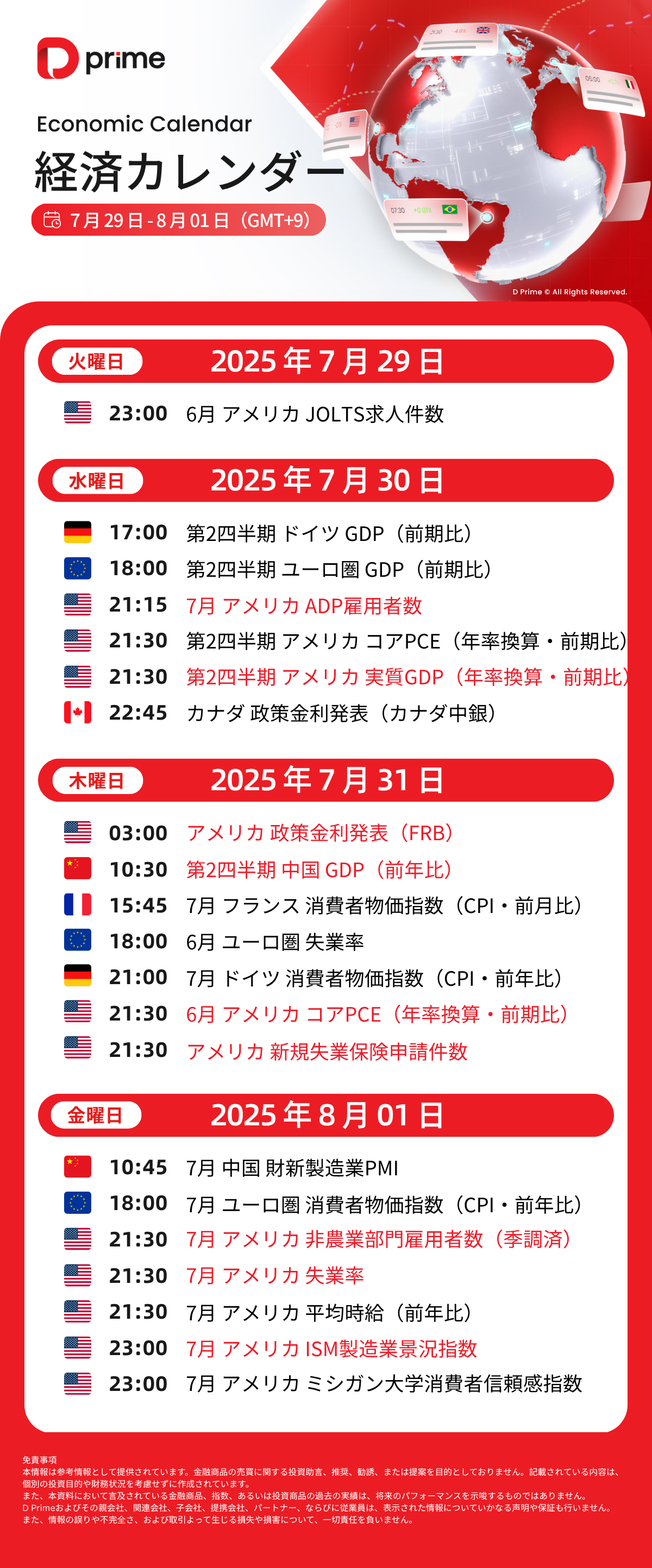 経済カレンダー | 7月29日 – 8月01日(GMT+9)