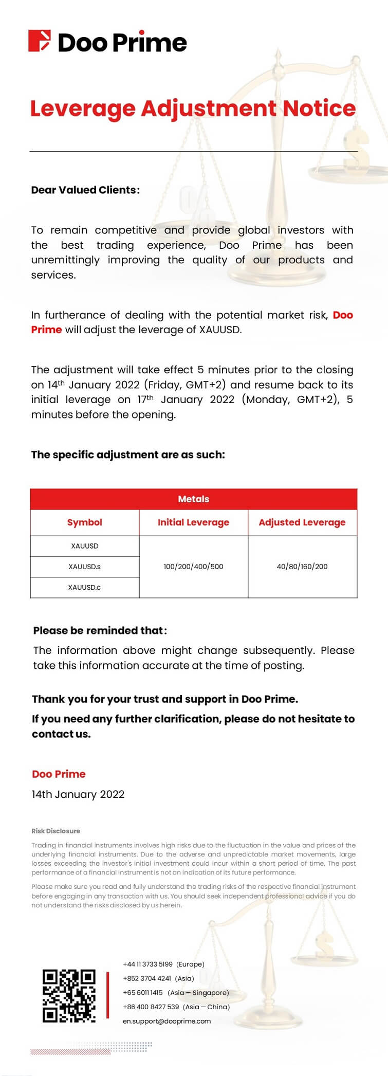 Doo Prime Leverage Adjustment Notice
