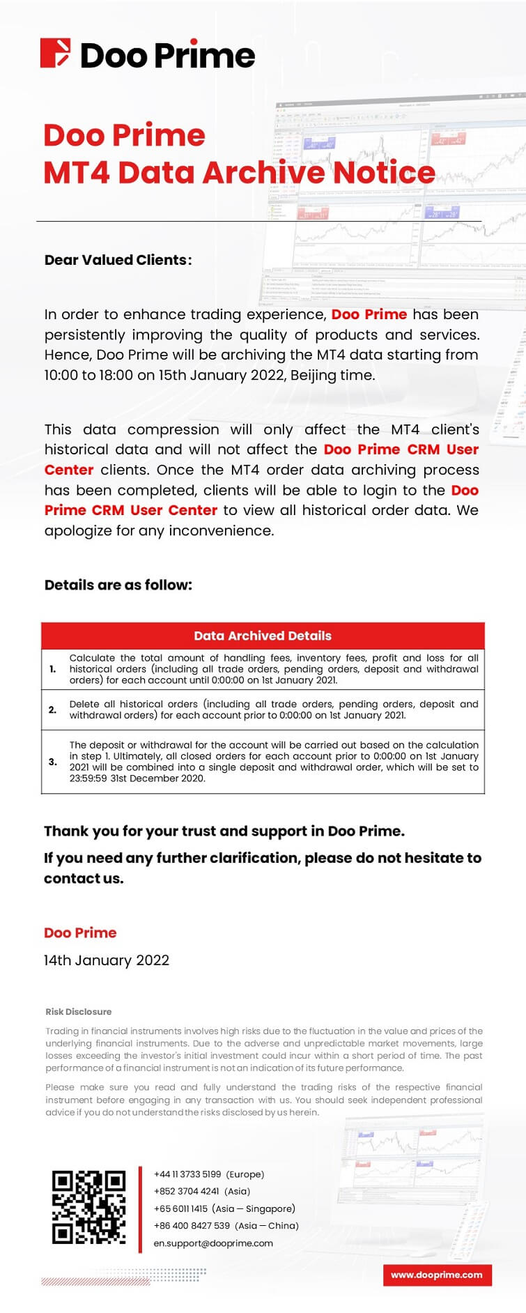 Doo Prime MT4 Data Archived Notice