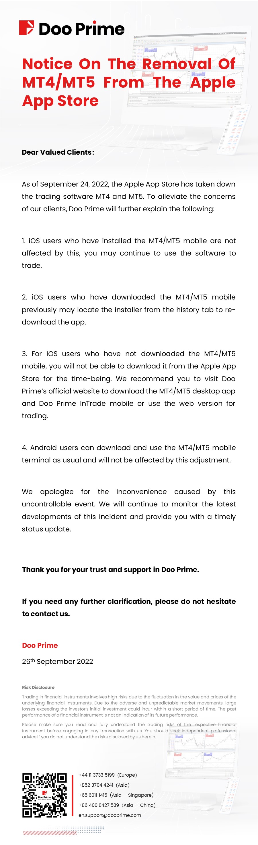Notice On The Removal Of MT4/MT5 From The Apple App Store