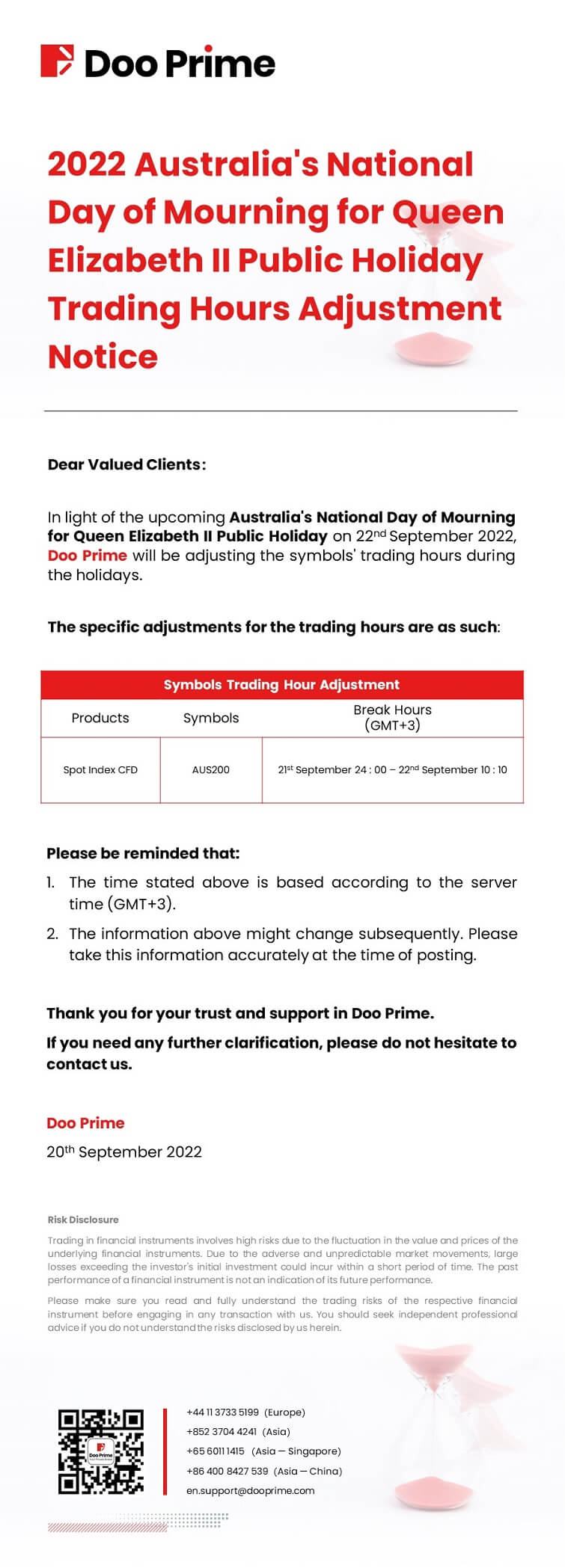 Doo Prime 2022 Australia’s National Day of Mourning for Queen Elizabeth II Public Holiday Trading Hours Adjustment Notice