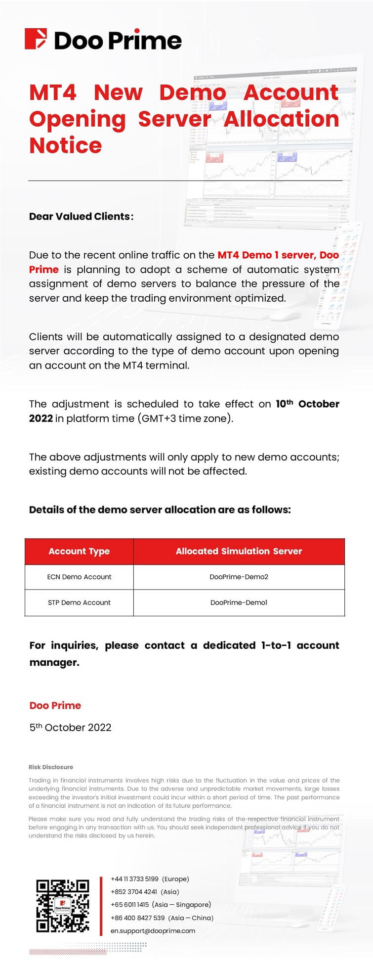 Doo Prime MT4 New Demo Account Opening Server Allocation Notice​