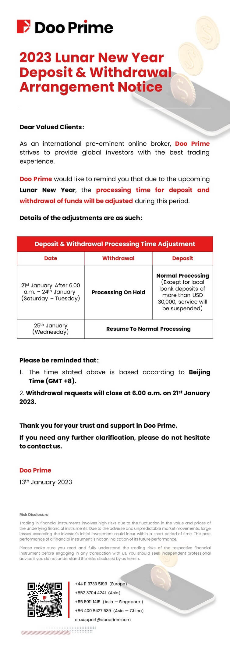 Doo Prime 2023 Lunar New Year Deposit & Withdrawal Arrangement Notice