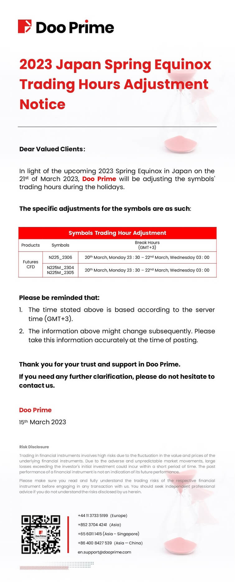 Doo Prime 2023 Japan Spring Equinox Trading Hours Adjustment Notice