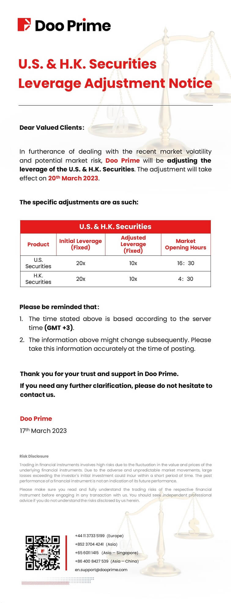 Doo Prime U.S. & H.K. Securities Leverage Adjustment Notice