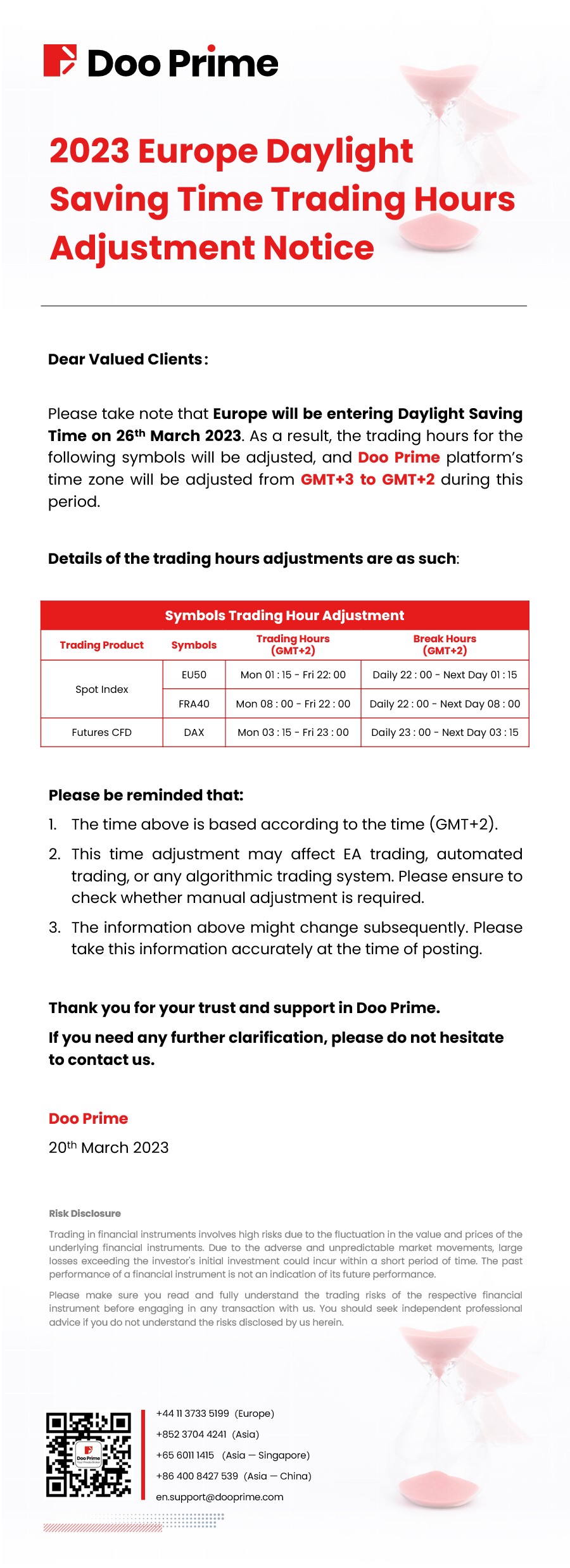 Doo Prime 2023 Europe Daylight Time Trading Hours Adjustment Notice