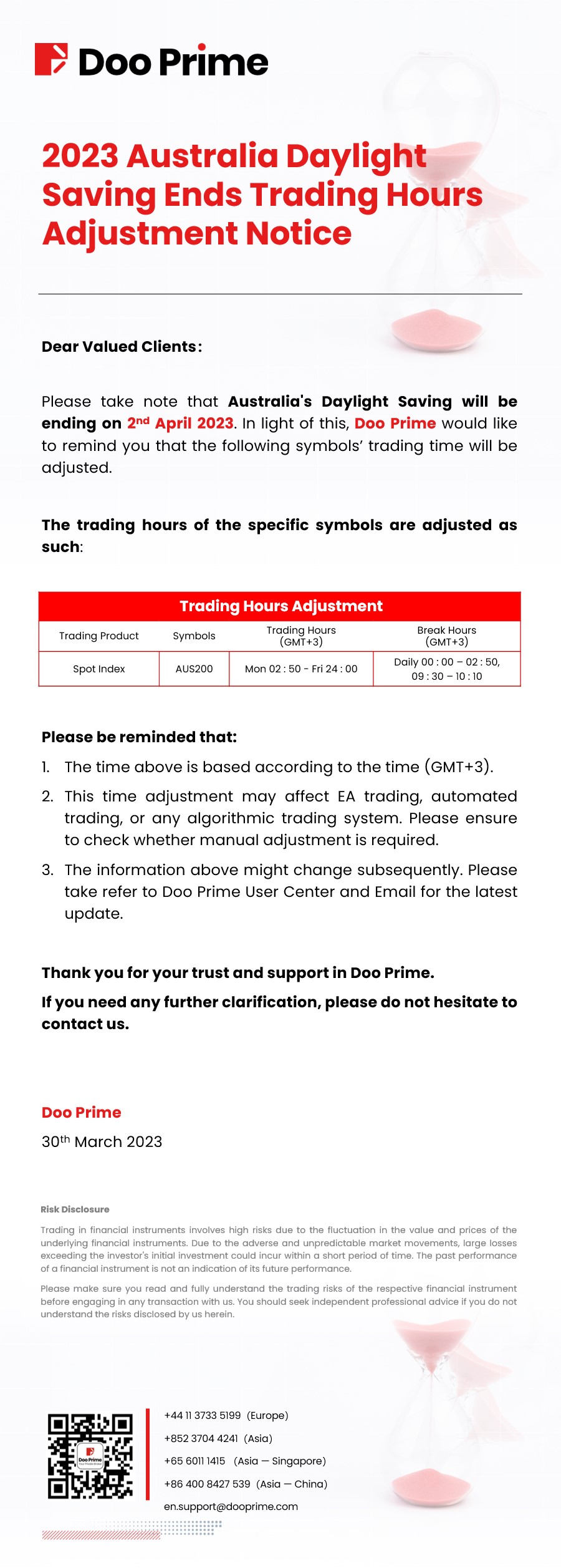Doo Prime 2023 Australia Daylight Saving Ends Trading Hours Adjustment Notice