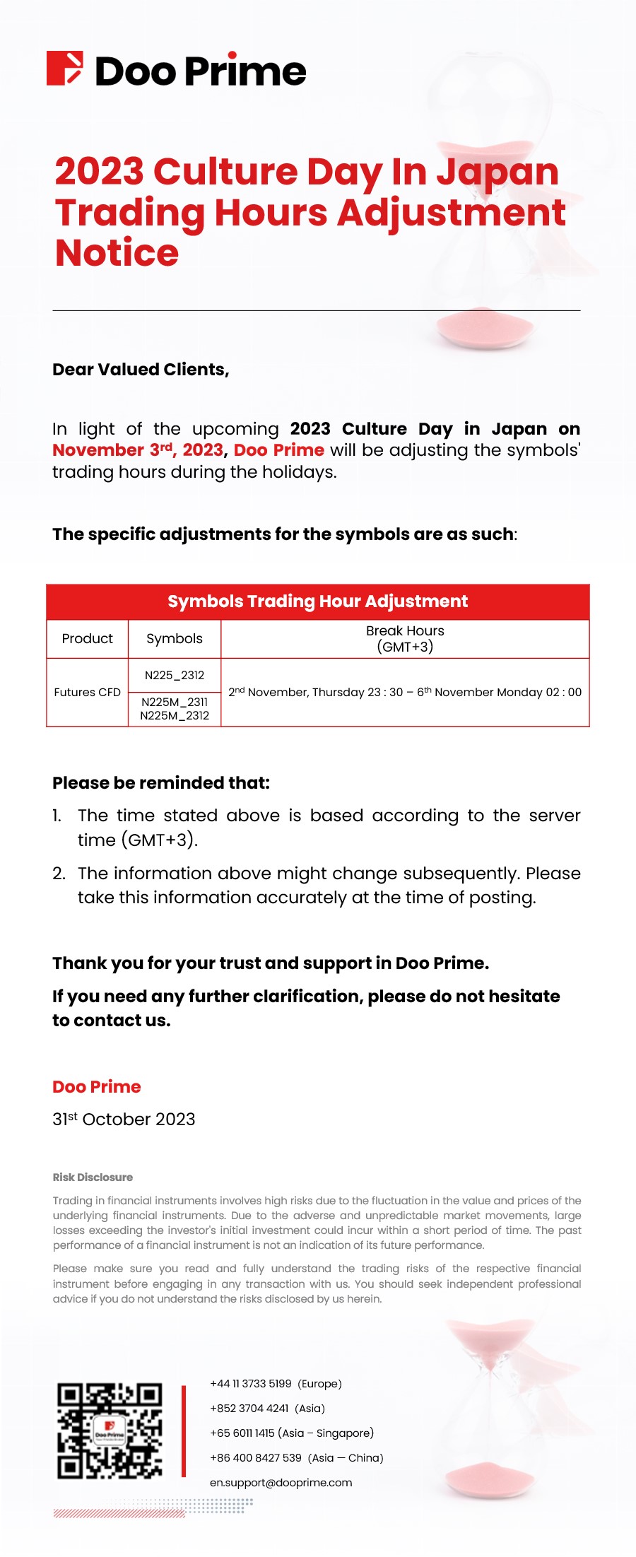 Doo Prime Culture Day In Japan Trading Hours Adjustment Notice