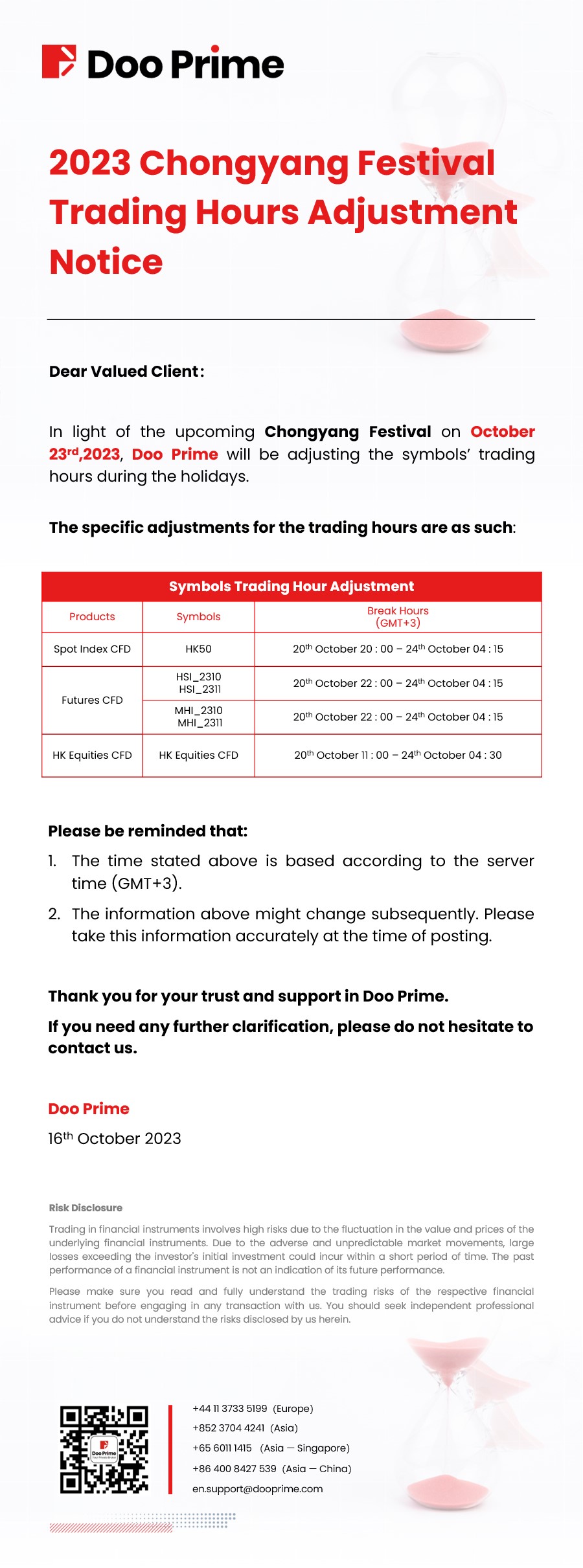 2023 Chongyang Festival - Trading Hours Adjustment